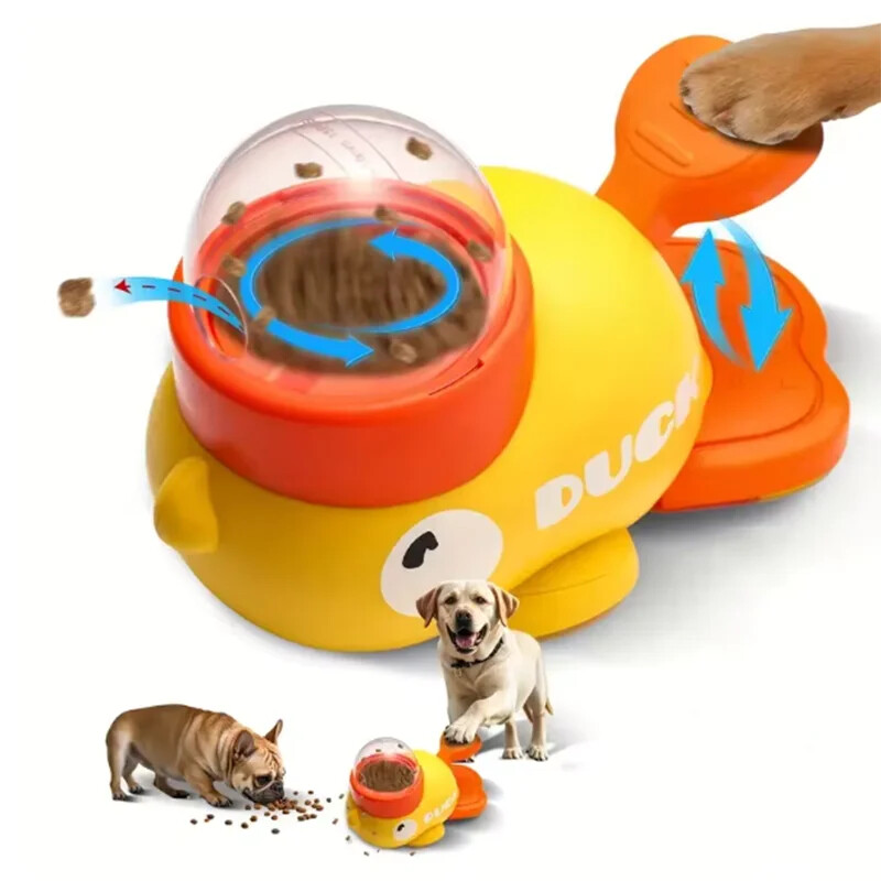 Close-up of a paw pressing the duck tail to dispense food